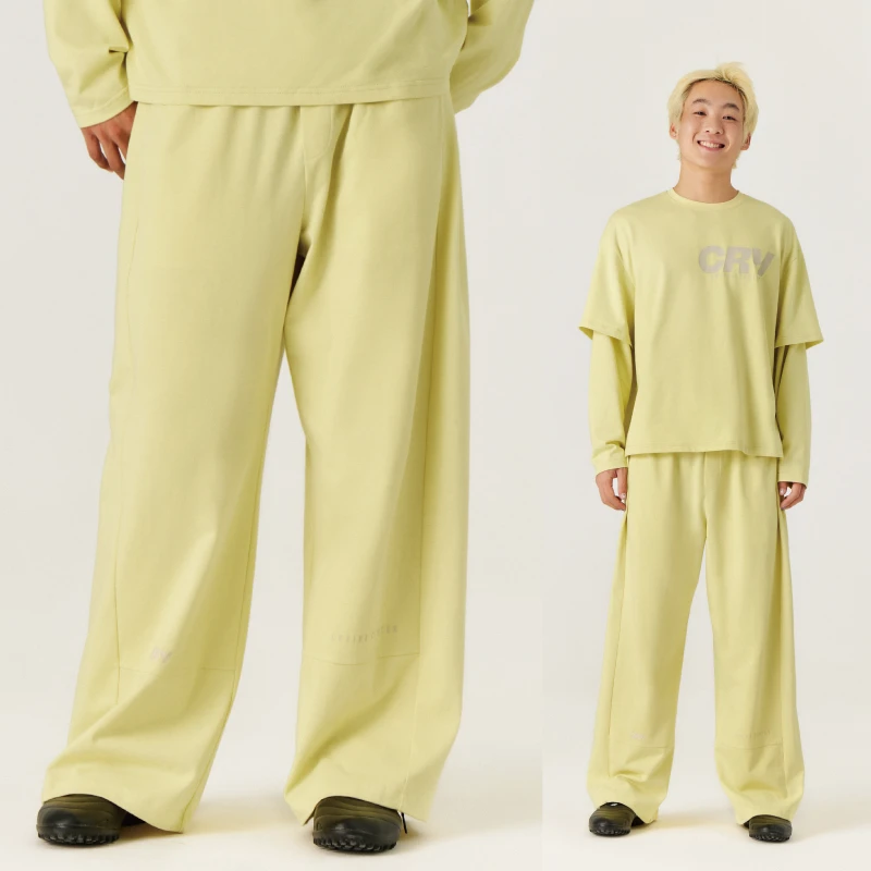 Crying center/哭喊中心舒适阔褶拼接宽腿双色松紧腰运动裤垂感