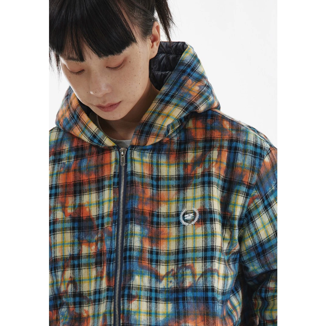 Crying center/哭喊中心迷幻格纹夹棉灰蓝色戴帽拉链款棉服外套