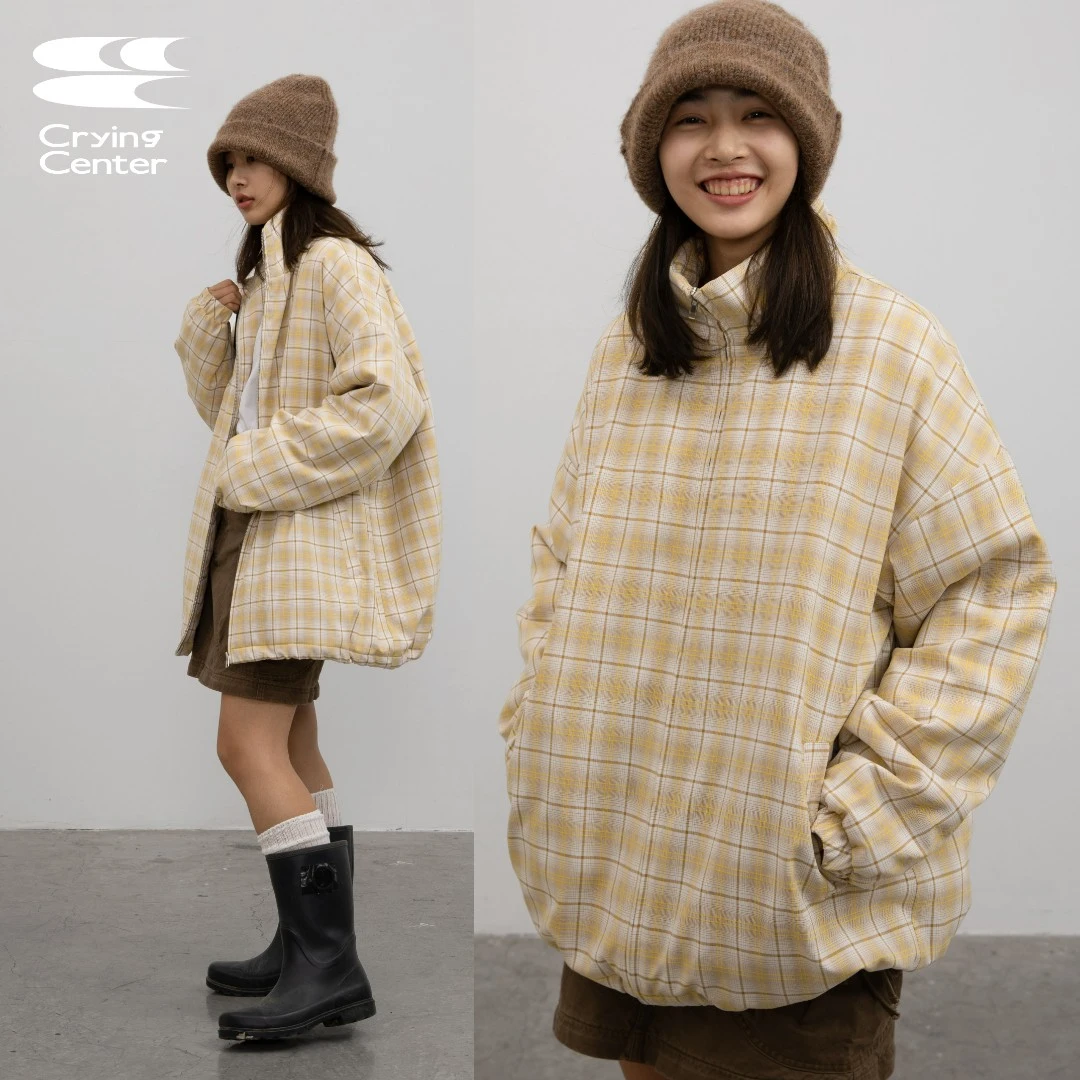 Crying center/哭喊中心复古奶油黄格子宽松包裹感棉服外套休闲