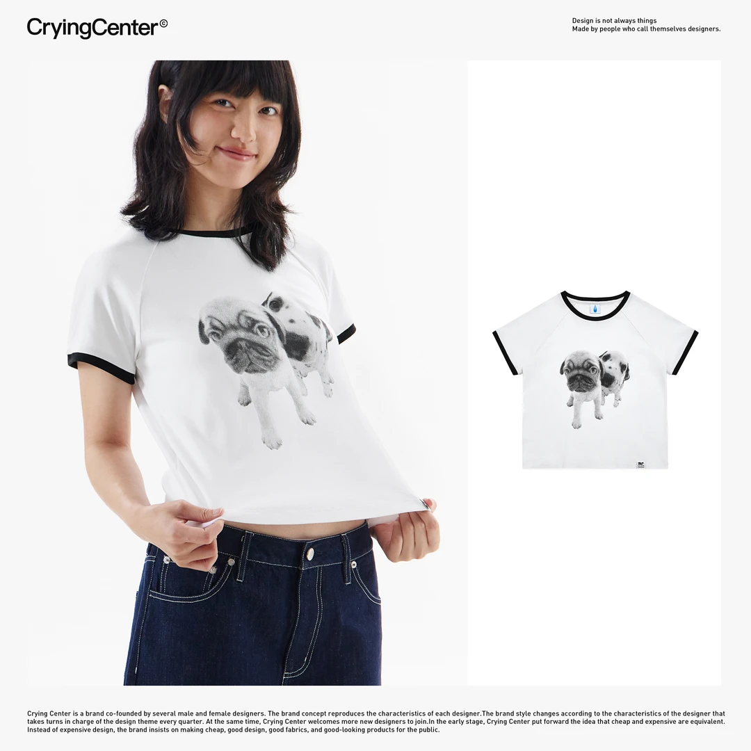 Crying center/哭喊中心小狗大头贴T恤 圆领短袖夏季休闲短款