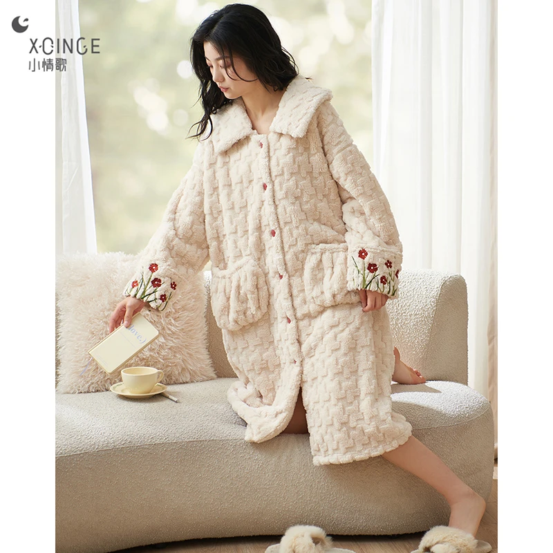 小情歌睡衣女冬珊瑚绒加厚保暖雪花绒秋冬季加绒中长款家居服睡袍