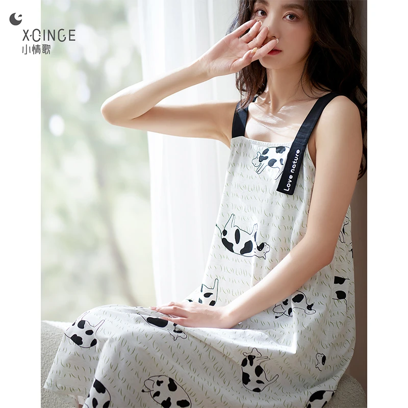 睡裙女秋季薄款长袖睡衣大码宽松春秋款长款过膝可外穿秋冬家居服