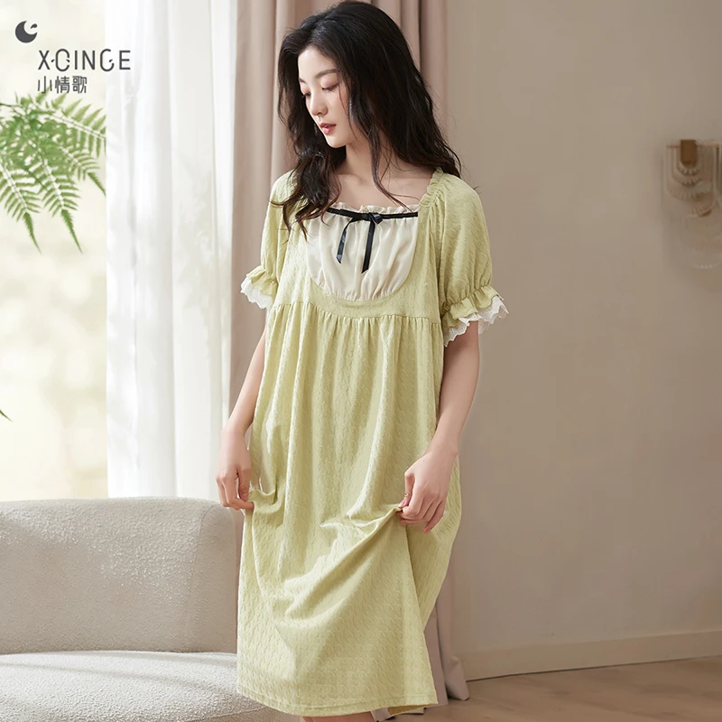 小情歌睡裙女夏季纯棉短袖薄款休闲甜美公主风夏天睡衣大码家居服