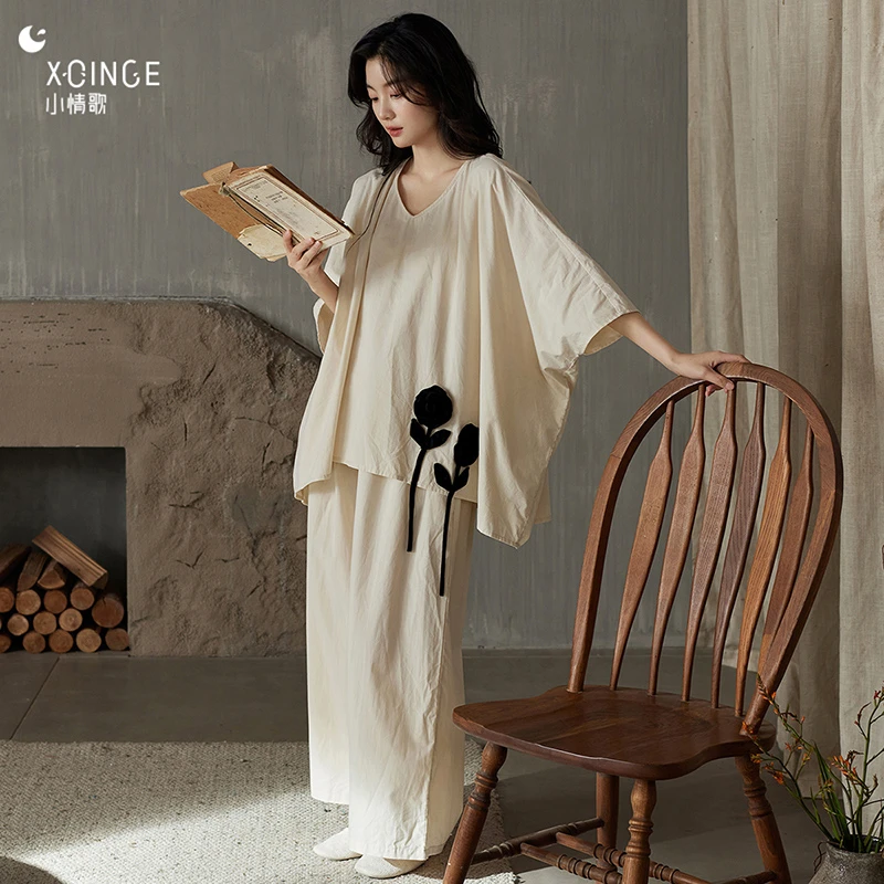 小情歌睡衣女秋季纯棉宽松时尚夏天大码可外穿舒适简约家居服套装