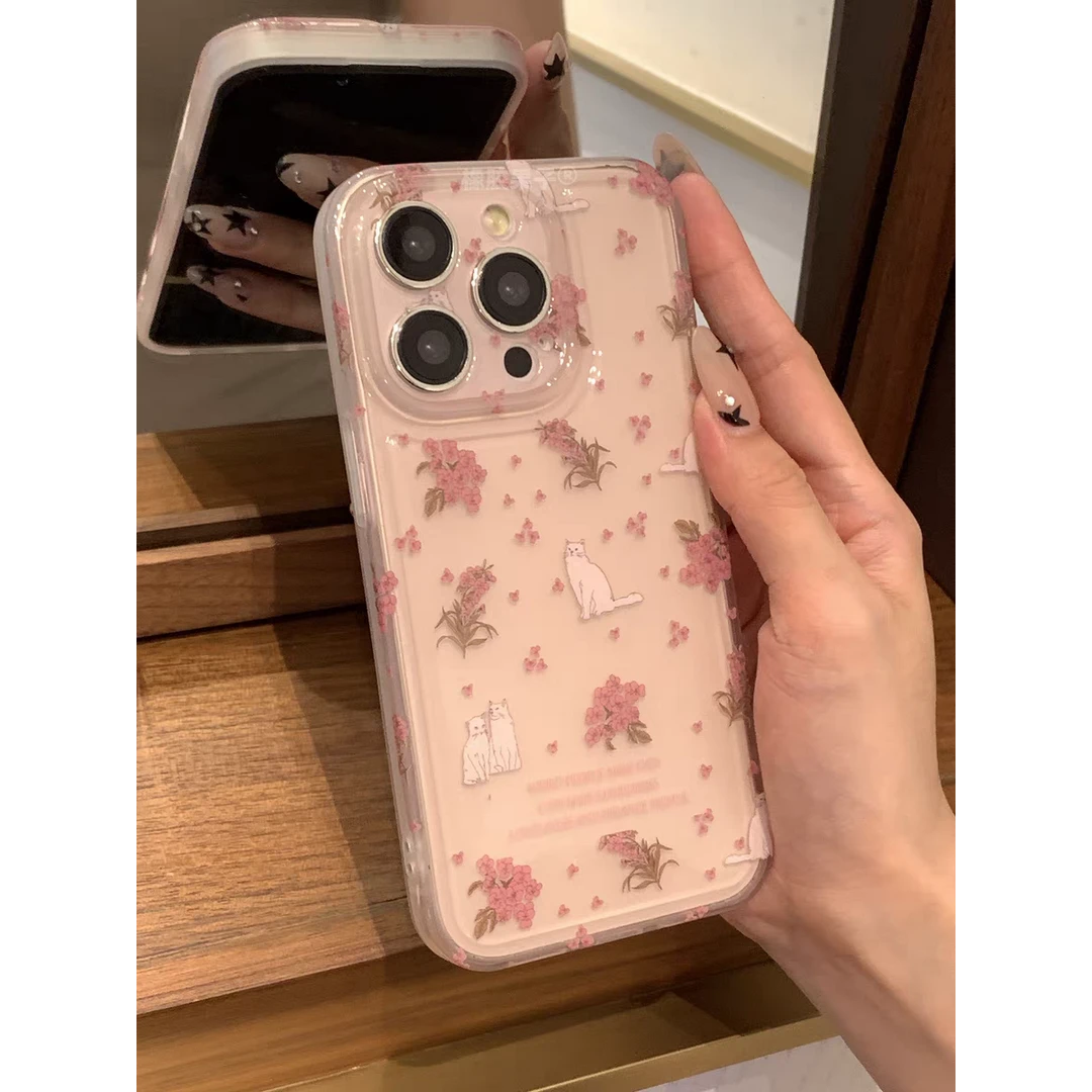 白猫碎花适用iphone15/14/13女生手机壳华为vivo小米oppo粉色全包