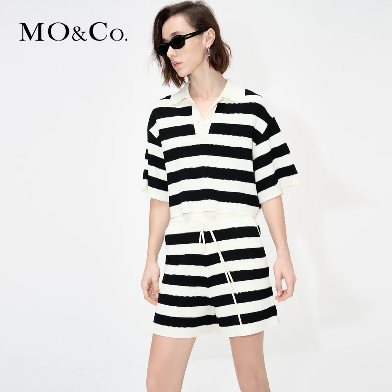 MOCO夏季POLO领短款短袖宽松条纹针织衫薄款MBC2SWT004