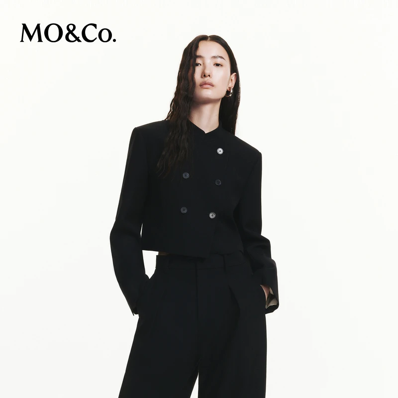 MOCO秋新中式双排扣绵羊毛精纺短箱型夹克外套MBD3JKT028