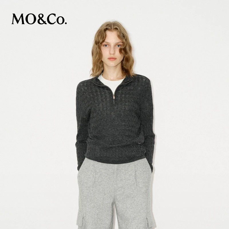 MOCO针织衫冬绵羊毛轻暖绞花拉链半开襟MBD4SWT017