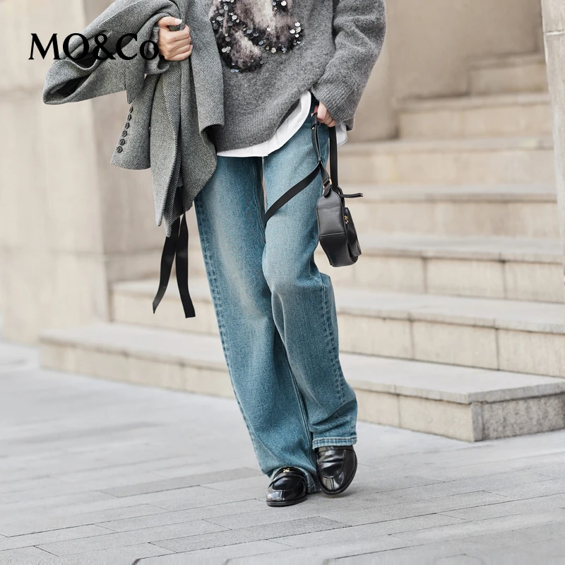 MOCO牛仔裤冬德绒复古洗水直筒蓝色棉质长裤MBD4JENT06