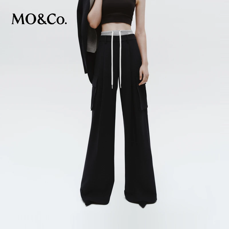 MOCO阔腿裤春秋运动风抽绳高腰拼接工装口袋针织休闲裤MBD3PAT025