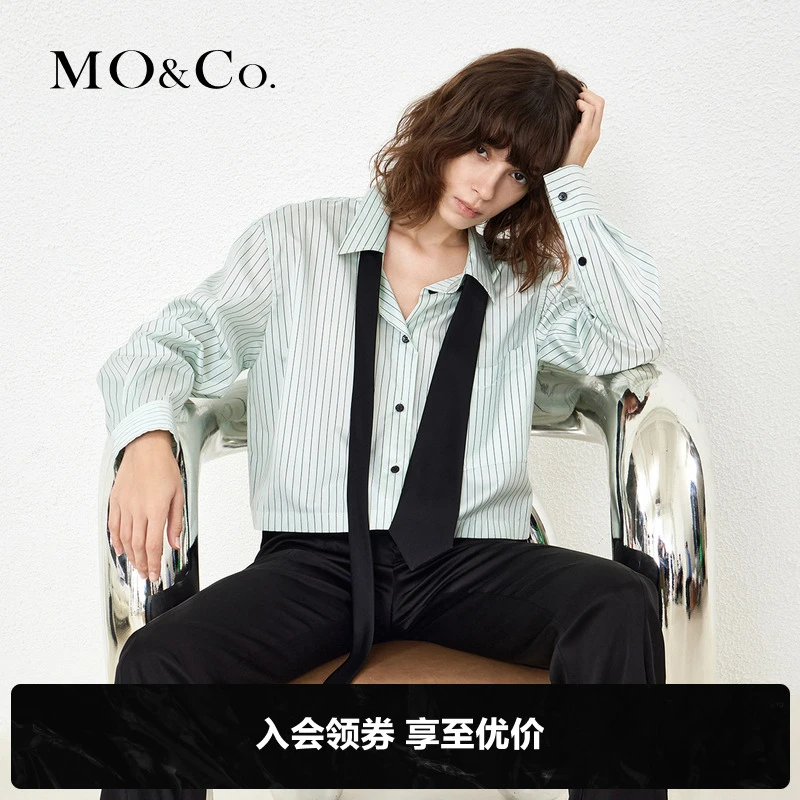 MOCO春季领带条纹短款宽松真丝混纺衬衫休闲女时尚女装MBB1SHT012