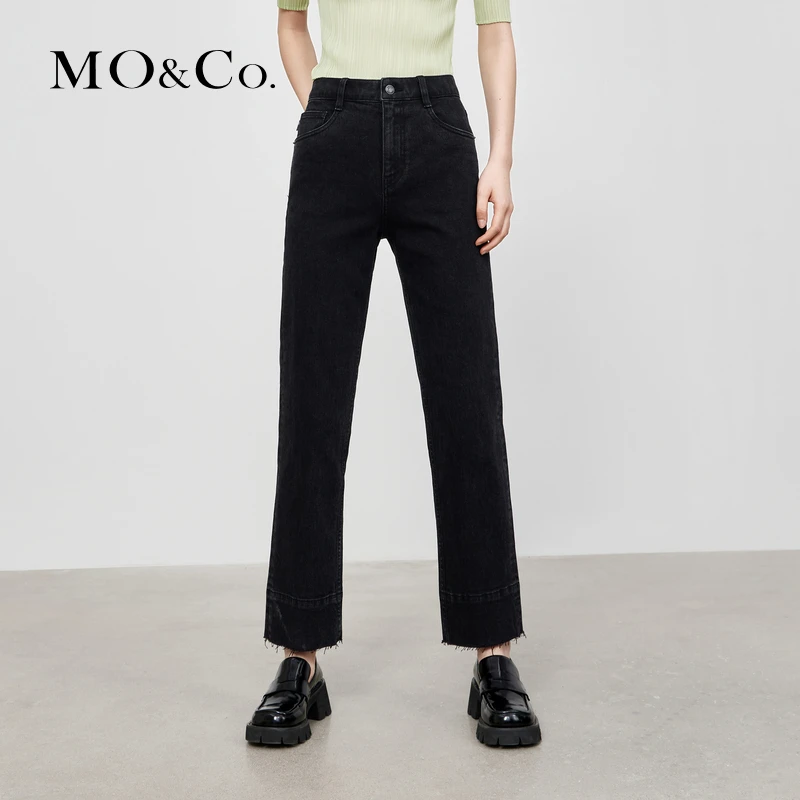 MOCO秋季棉质高腰直筒显瘦九分裤黑色牛仔裤MBC3JENT20