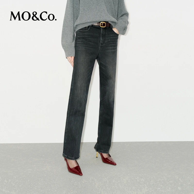 MOCO牛仔裤冬底抓毛洗褪灰黑精裁高腰小锥形MBD4JEN016