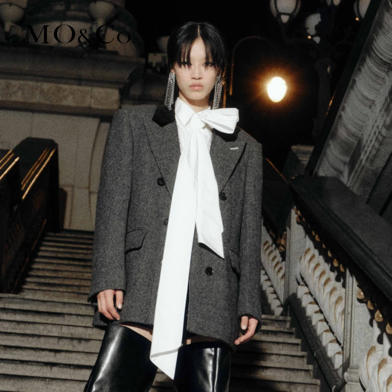 MOCO冬MUNN设计师联名系列拼领垫肩绵羊毛毛呢外套MBC4BLA012