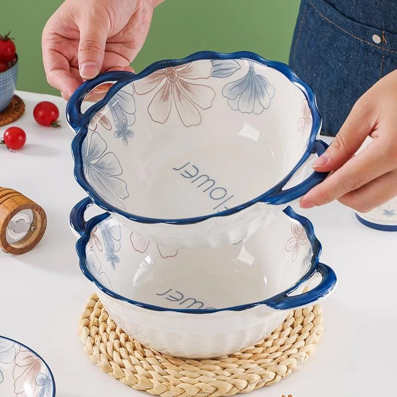 【2个装】北欧陶瓷汤碗9.5英寸双耳浮雕大容量网红餐具高颜值防烫