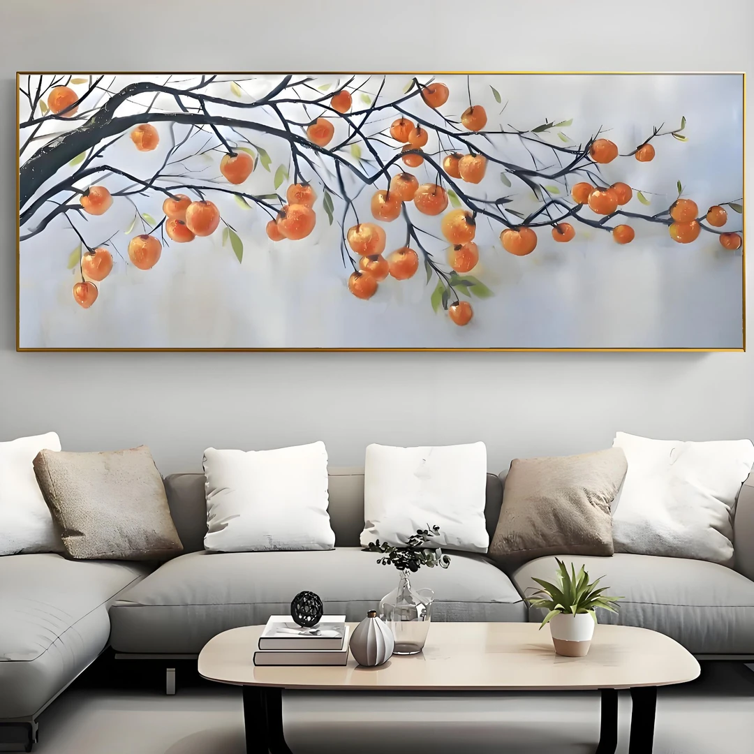 柿柿如意︱横版高级客厅手绘油画装饰画立体客厅沙发背景墙挂画