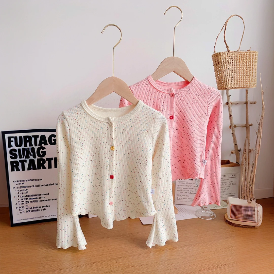 儿童新款女童蝴蝶袖外套开衫女韩版彩点长袖打底衫秋装上衣