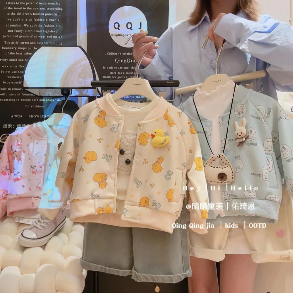 2025新款男女童棉加绒加厚棒球服外套秋季冬季款洋气卡通上衣百搭