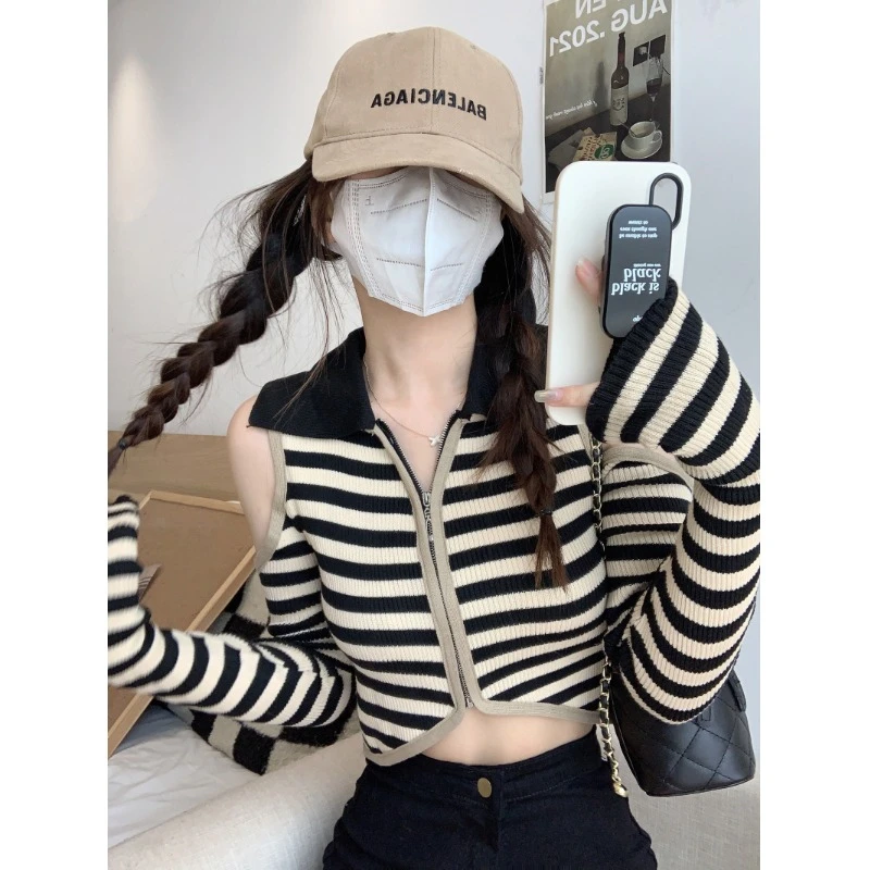 复古辣妹条纹POLO领针织开衫女夏季2025新款洋气露肩长袖短款上衣