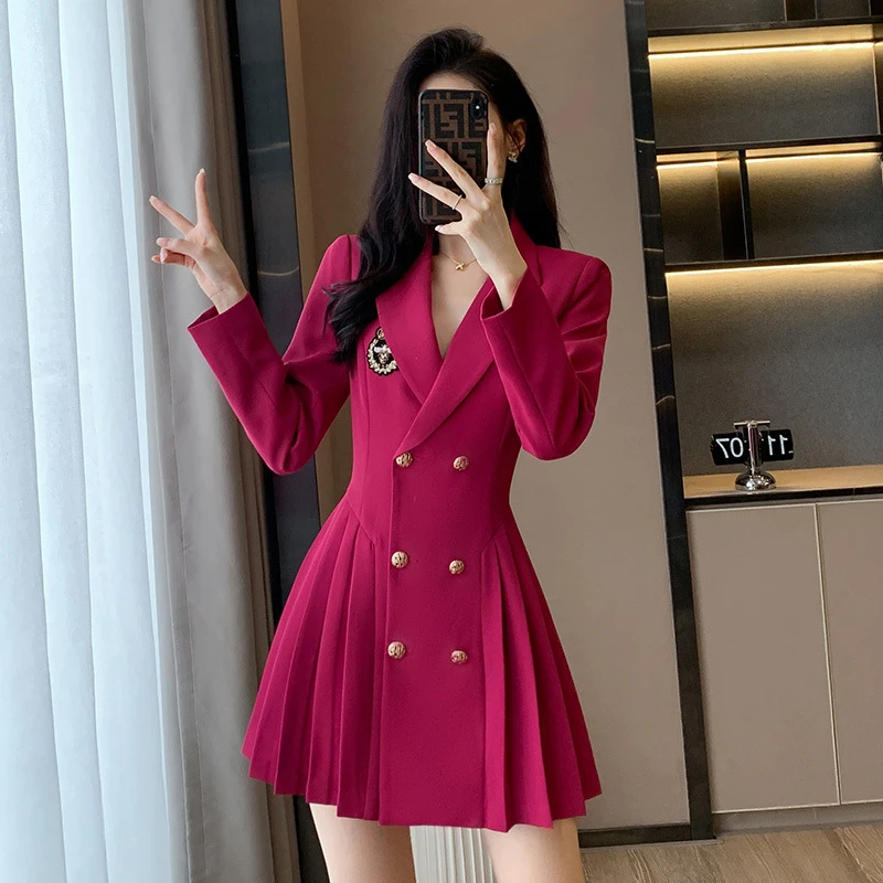 七谷娘甜酷辣妹装御姐双排扣西装百褶裙高级感收腰法式a字连衣裙