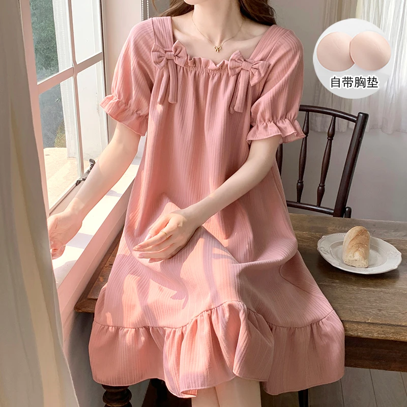 带胸垫睡裙睡衣女夏季短袖纯色蝴蝶结甜美公主风学生可外穿家居服