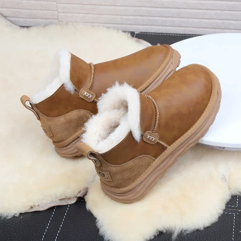 羊毛雪地靴男冬2024新款牛皮加厚防滑厚底皮毛一体一脚蹬雪地棉鞋