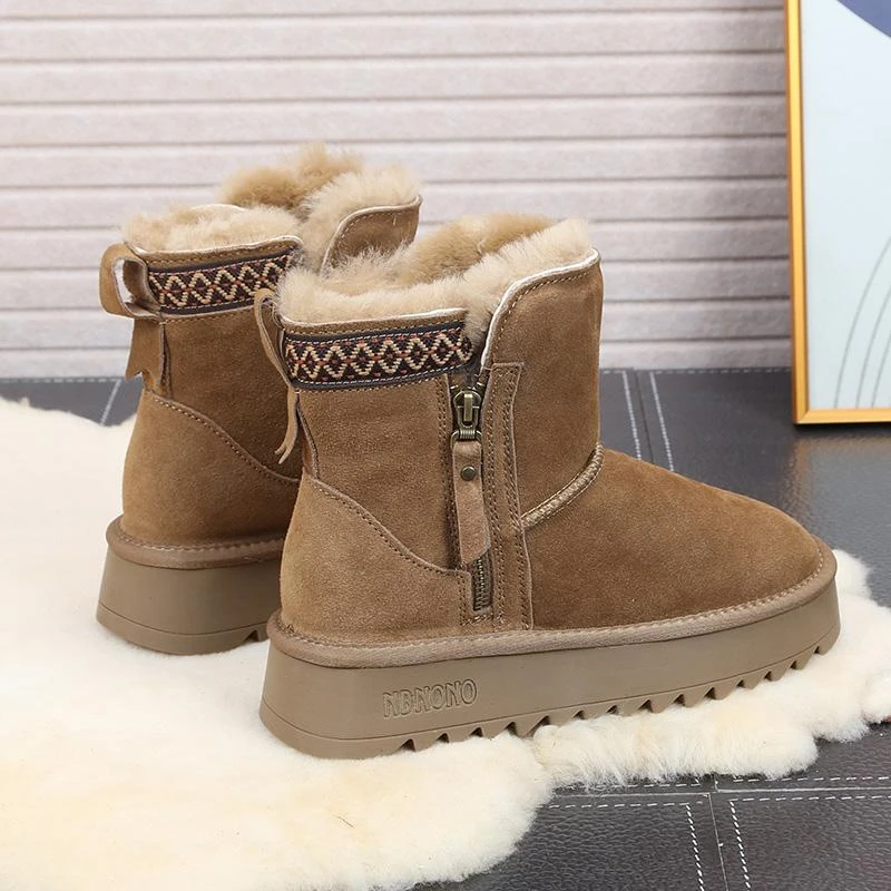 民族风厚底拉链雪地靴女皮毛一体保暖冬季加绒加厚牛皮东北棉靴子