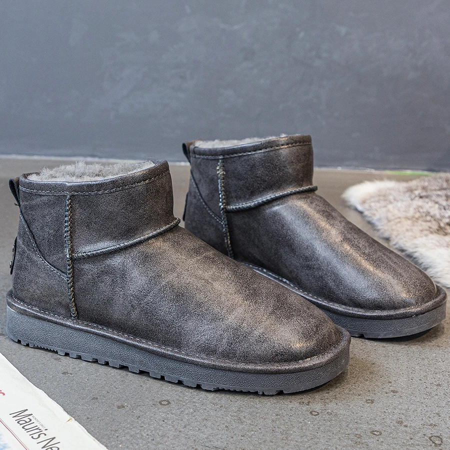 牛皮羊毛雪地靴男低帮韩版时尚防水防滑皮面平底加绒加厚保暖棉鞋