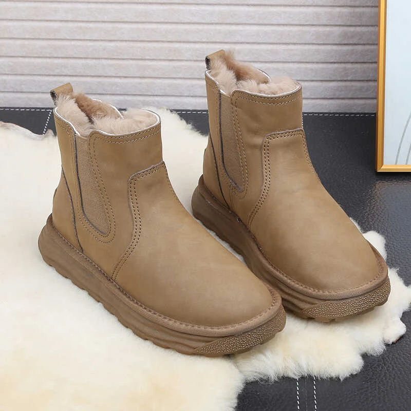 切尔西牛皮羊毛厚底雪地靴男款皮毛一体防水防滑短靴冬季保暖加绒