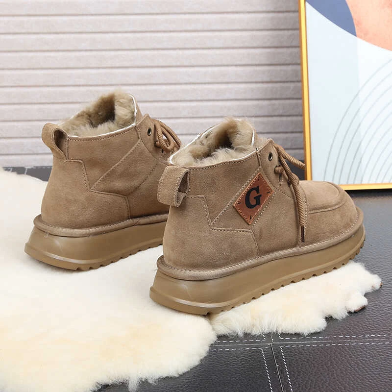 雪地靴男款冬季加绒保暖棉鞋系带牛皮羊毛皮毛一体防滑厚底马丁靴