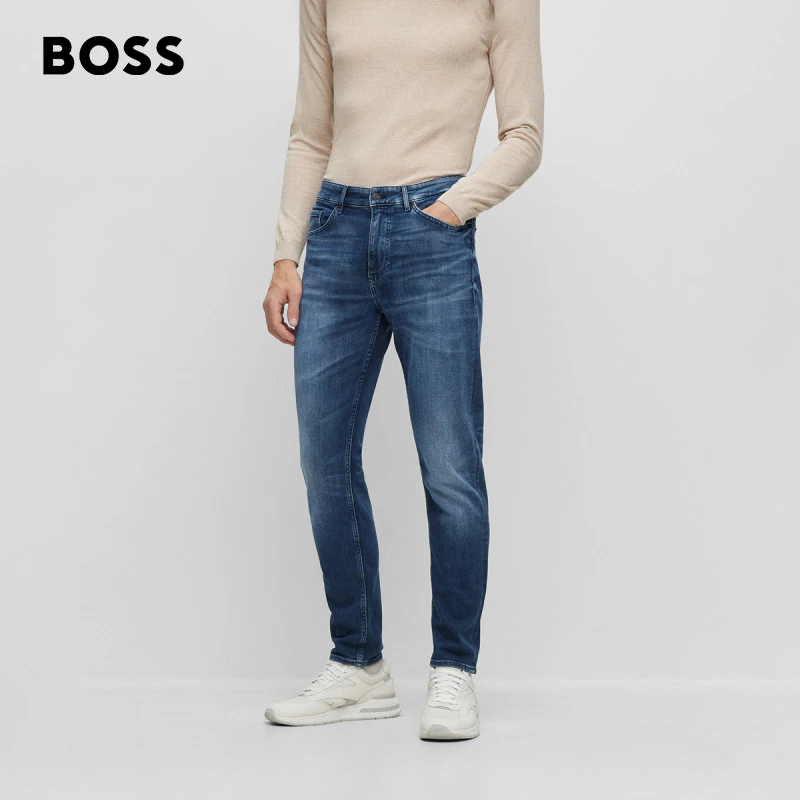 BOSS博斯男士秋冬新款蓝色羊绒质感经典修身牛仔裤50501066