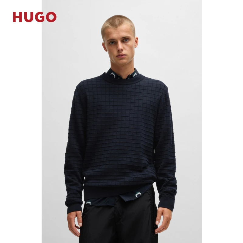 HUGO雨果男士 冬季新款网格图案常规版型棉质毛衣50524546