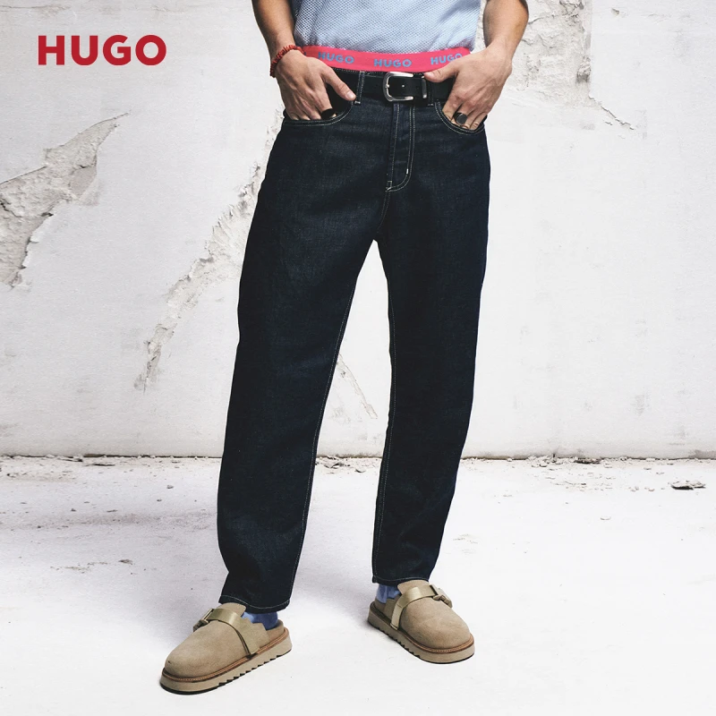 【含亚麻】HUGO雨果男士 复古时尚中腰宽腿休闲时尚牛仔裤50511336