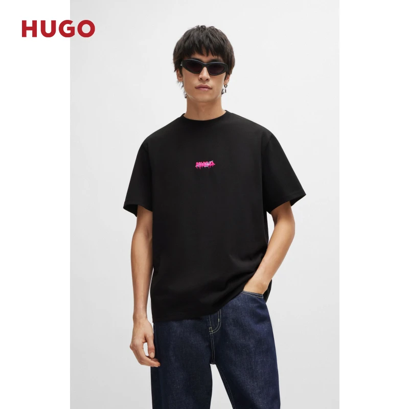 【100%棉】HUGO雨果 男士情侣夏季宽松印花舒适圆领简约T恤50509966