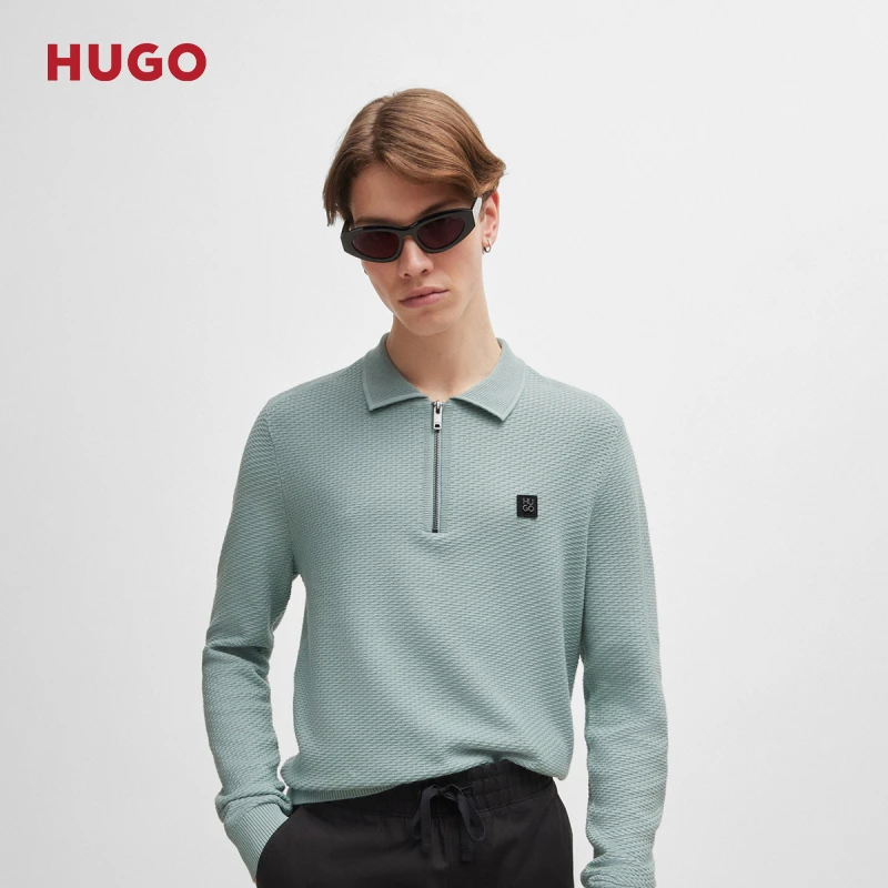 HUGO雨果男士  新款堆叠风徽标装饰拉链领polo毛衣50516640