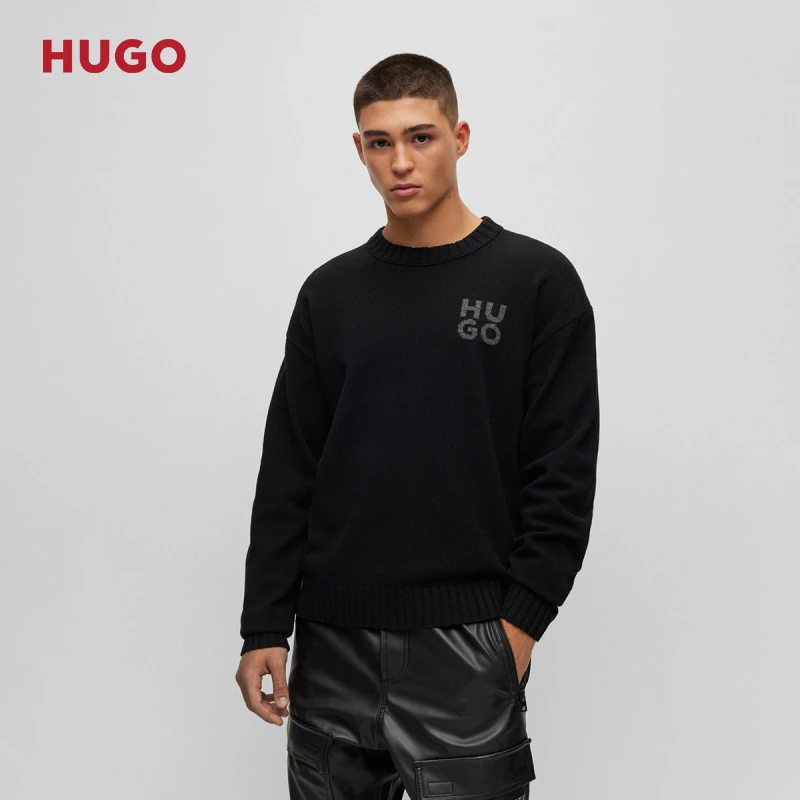 HUGO雨果男士24冬季新款羊毛混纺面料百搭徽标装饰毛衣50500015