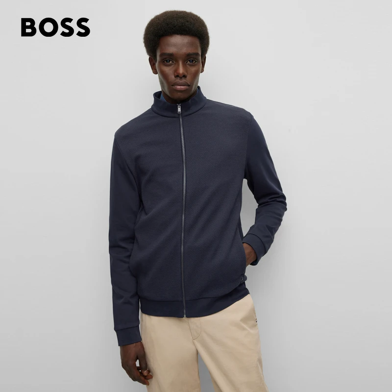 BOSS博斯男新款休闲正面纹理结构时尚棉质长袖拉链运动衫50468543
