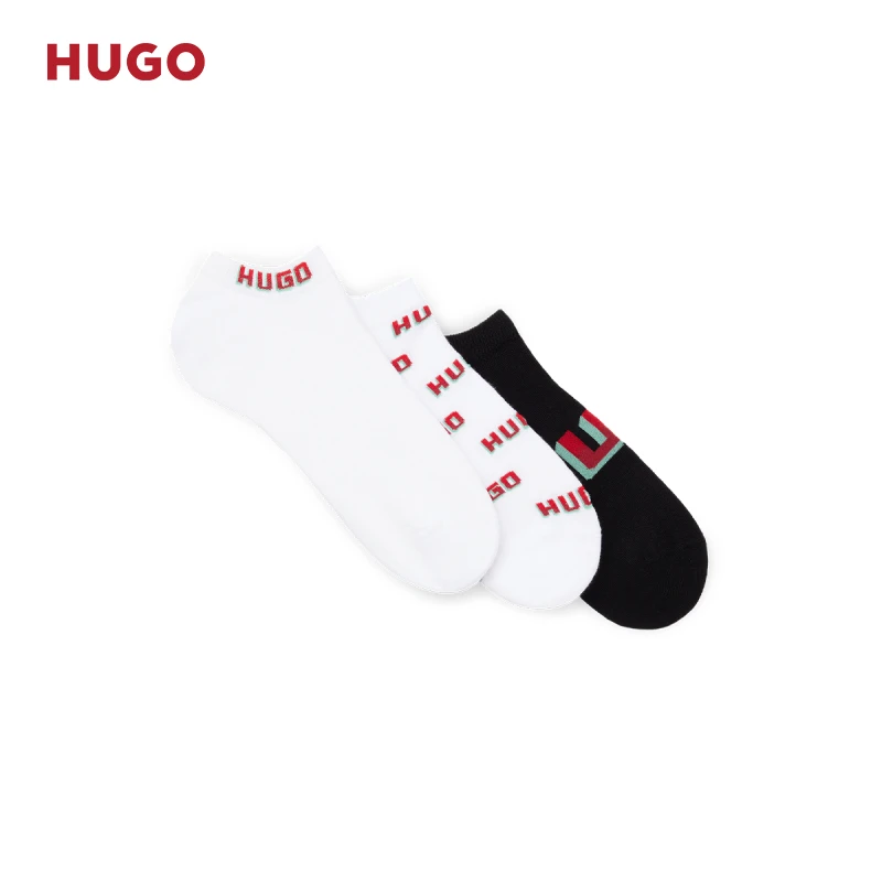 HUGO雨果男士 新款徽标装饰棉质混纺及踝袜三双装50518576