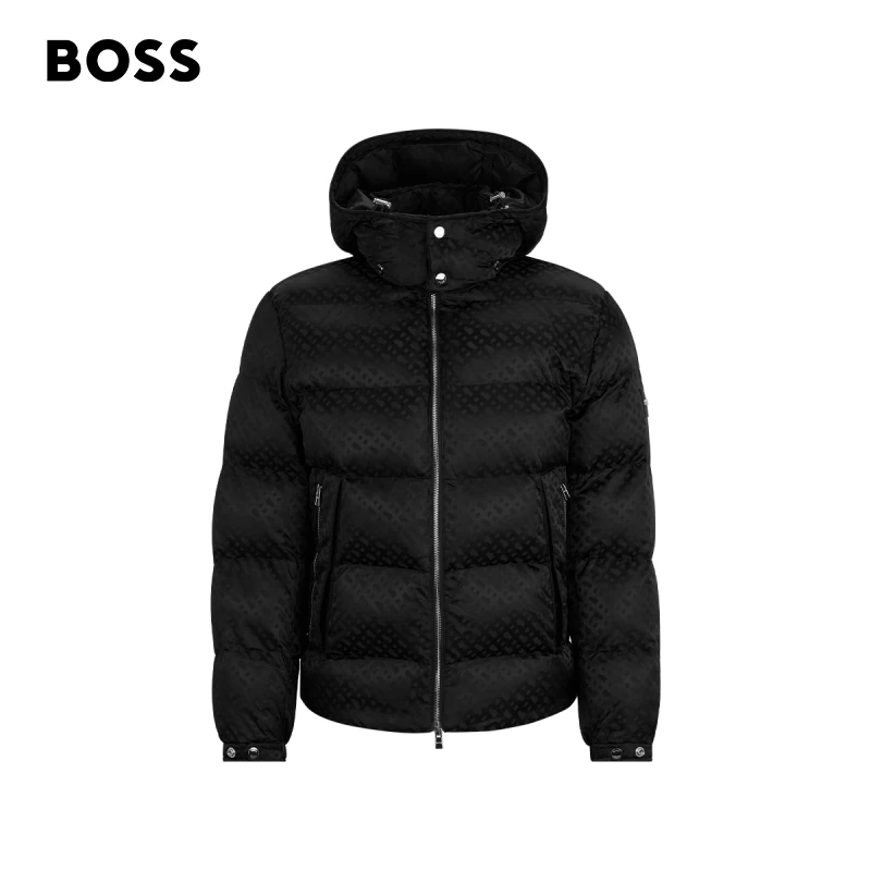 BOSS博斯男2023秋冬休闲交织字母提花防泼水连帽夹棉夹克50499813