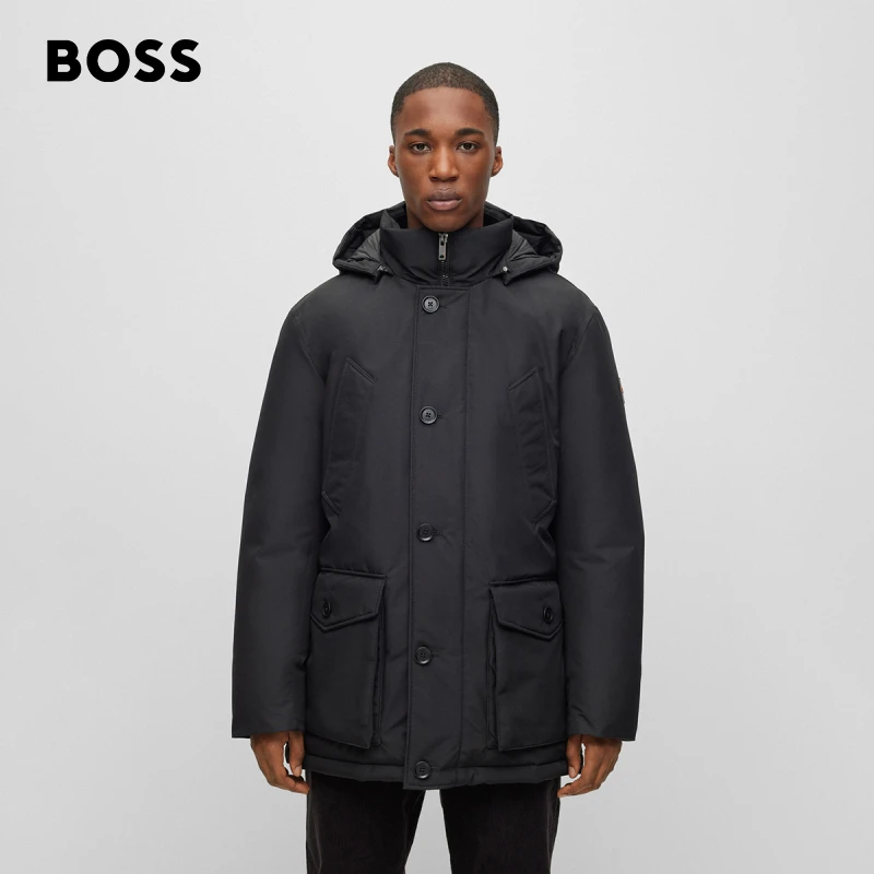 BOSS雨果博斯男士2023秋冬徽标防泼水加厚连帽派克羽绒服50503695