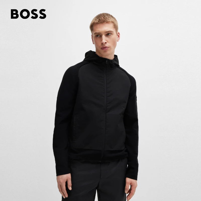 BOSS博斯男士  新款个性图案混合面料休闲拉链连帽衫50517091