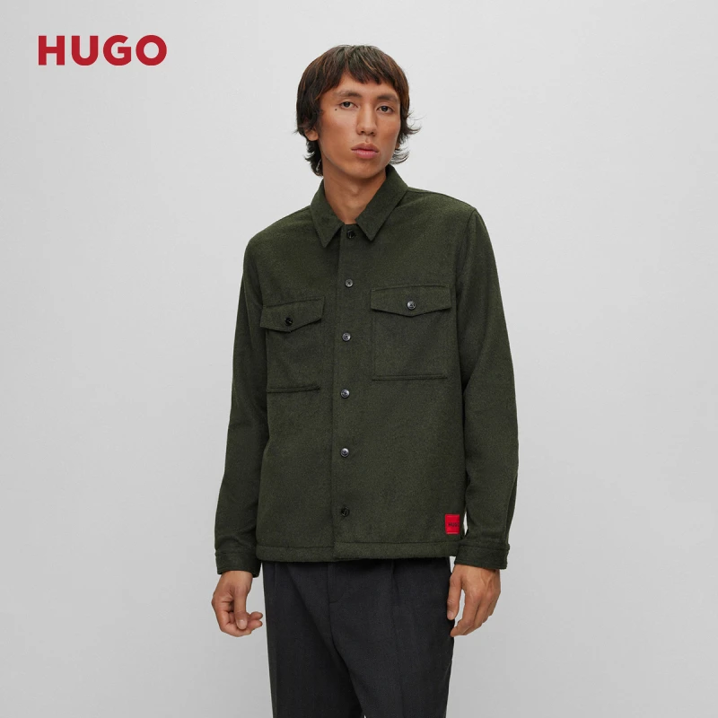 HUGO雨果2024男士早春经典绒面红色徽标标签款外套衬衫50500235