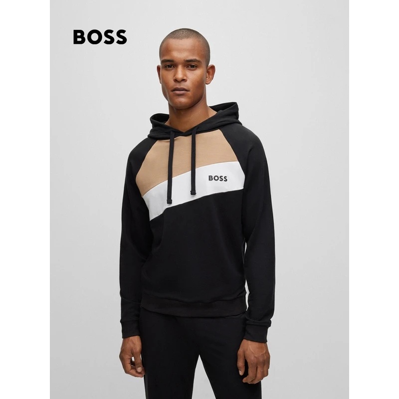 BOSS博斯早春品牌色系休闲舒适刺绣徽标特色条纹连帽衫50496821