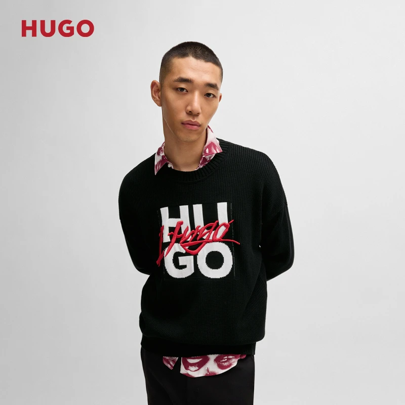HUGO雨果男士24冬季新款双徽标图案棉质时尚宽松毛衣50524553