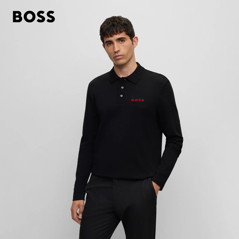 BOSS博斯 男士舒适简约渐变徽标装饰双面棉毛长袖Polo衫50504426