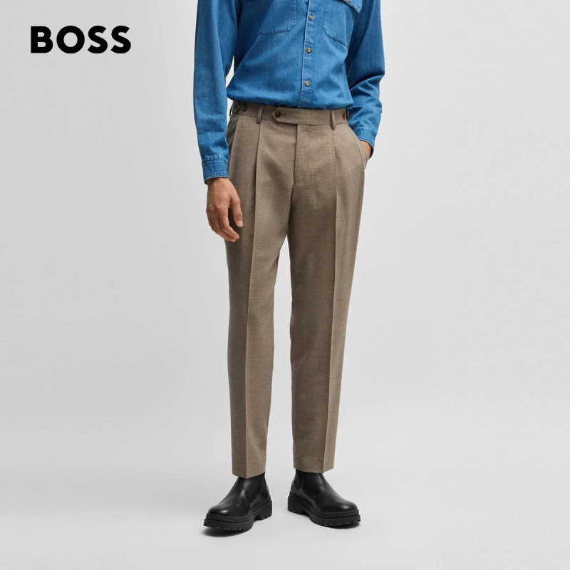 【贝克汉姆联名】BOSS博斯男士  新款格纹弹力羊毛长裤50538939