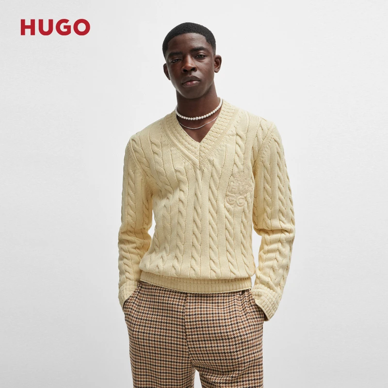 HUGO雨果男士24秋季新款堆叠风徽标棉质混纺绞花针织毛衣50516628