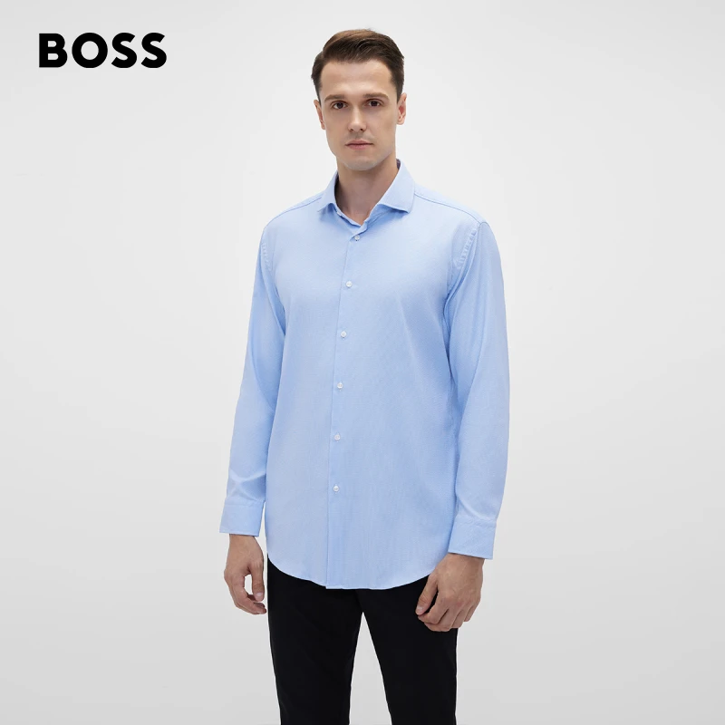 BOSS博斯男士新款高弹纹理斜纹布修身衬衫春夏蓝色50478734