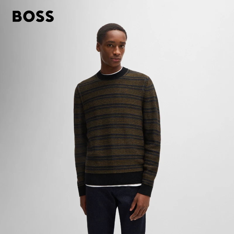 BOSS博斯男士  常规版型结构化条纹针织毛衣50523539