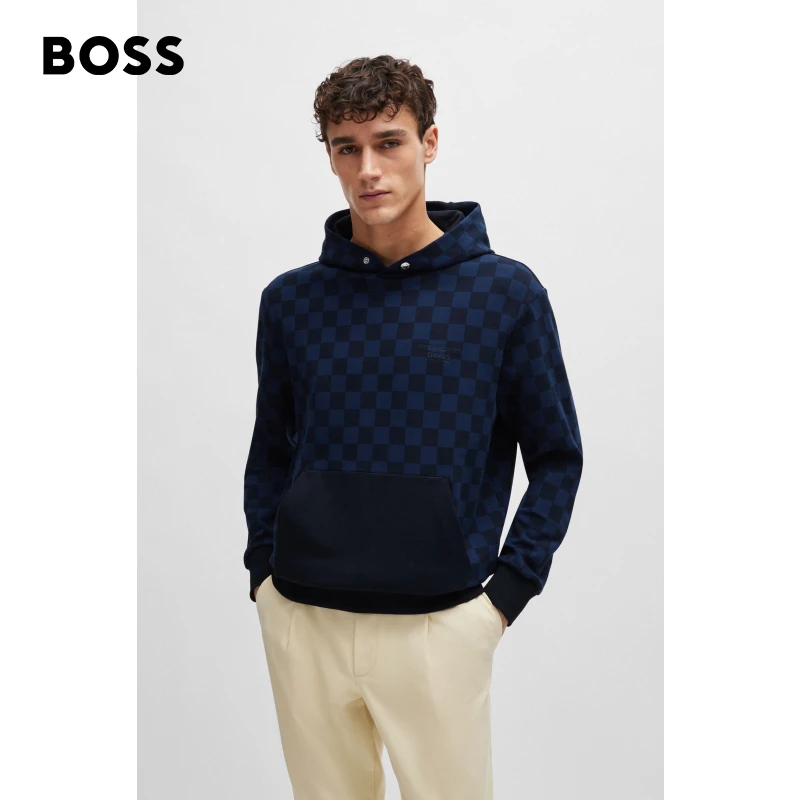 【保时捷】BOSS博斯男士2024年早春格纹印花弹力棉连帽卫衣50507789